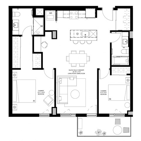 Floor plan for 2 beds, 2 baths, 1083 sqft